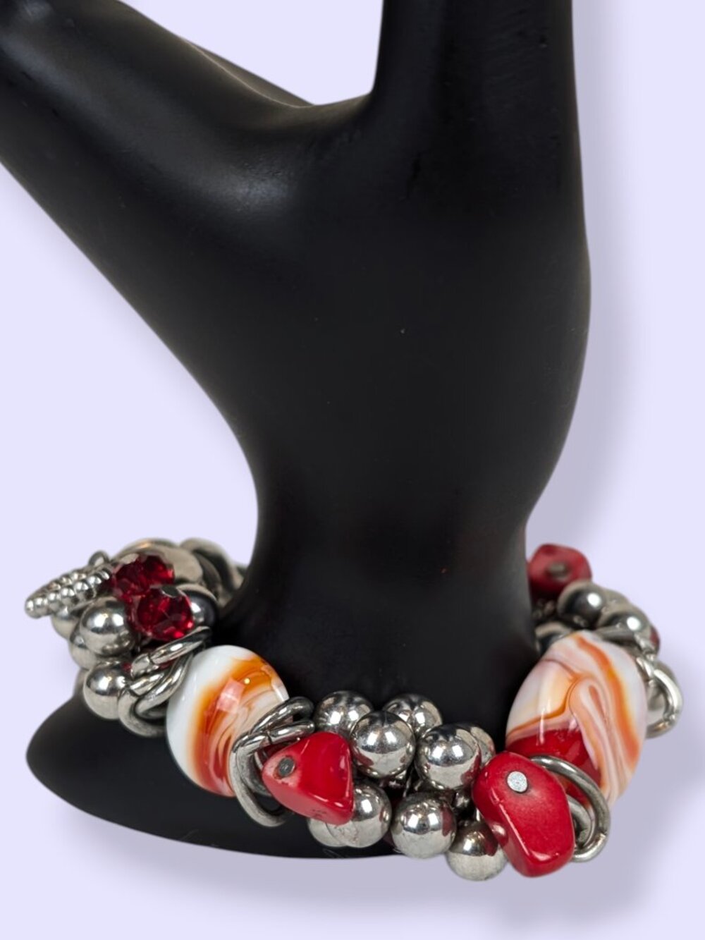 Orange, Red, & Silver Maximalist Beaded Stretch Bracelet
